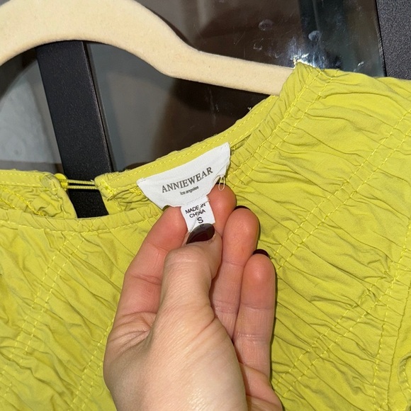 Smocked mini dress ruffle short sleeves chartreuse fit & flare anneklein - Picture 8 of 8